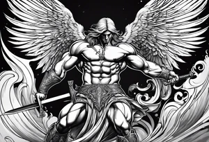 Micheal arc angel bent over pulling sword super muscular tattoo idea