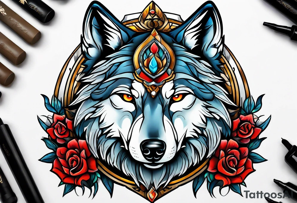 Neotraditional wolf tattoo idea