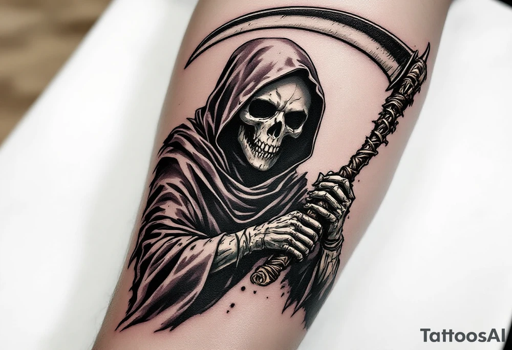 A classic black Reaper with smoky green shadows and a bone-white scythe blade. tattoo idea