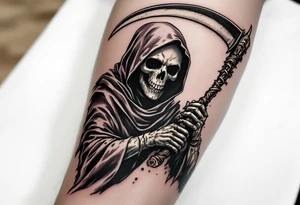 A classic black Reaper with smoky green shadows and a bone-white scythe blade. tattoo idea