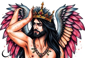 A Scorpio gypsy  woman with long black hair and angel wings putting a kings crown on a man with grey spiked hair tattoo idea