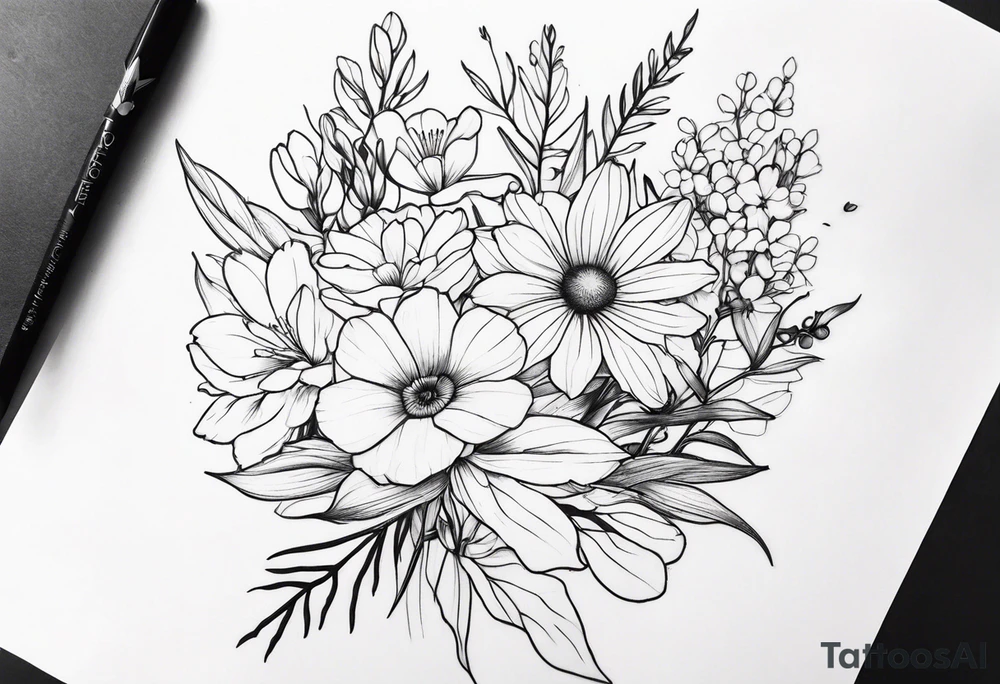 fine line flower bouquet tattoo idea