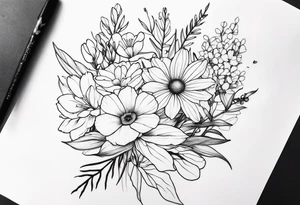 fine line flower bouquet tattoo idea