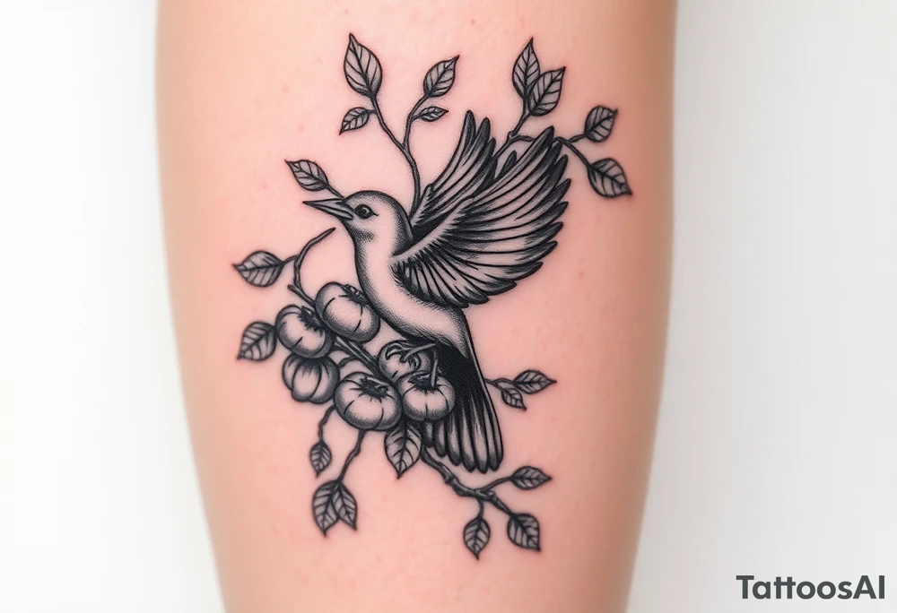 wind up bird in persimmon tree with lots of fruits and branches on calf tattoo idea