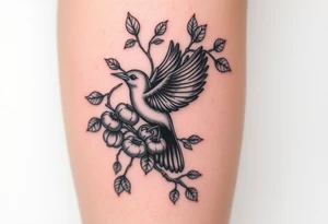 wind up bird in persimmon tree with lots of fruits and branches on calf tattoo idea