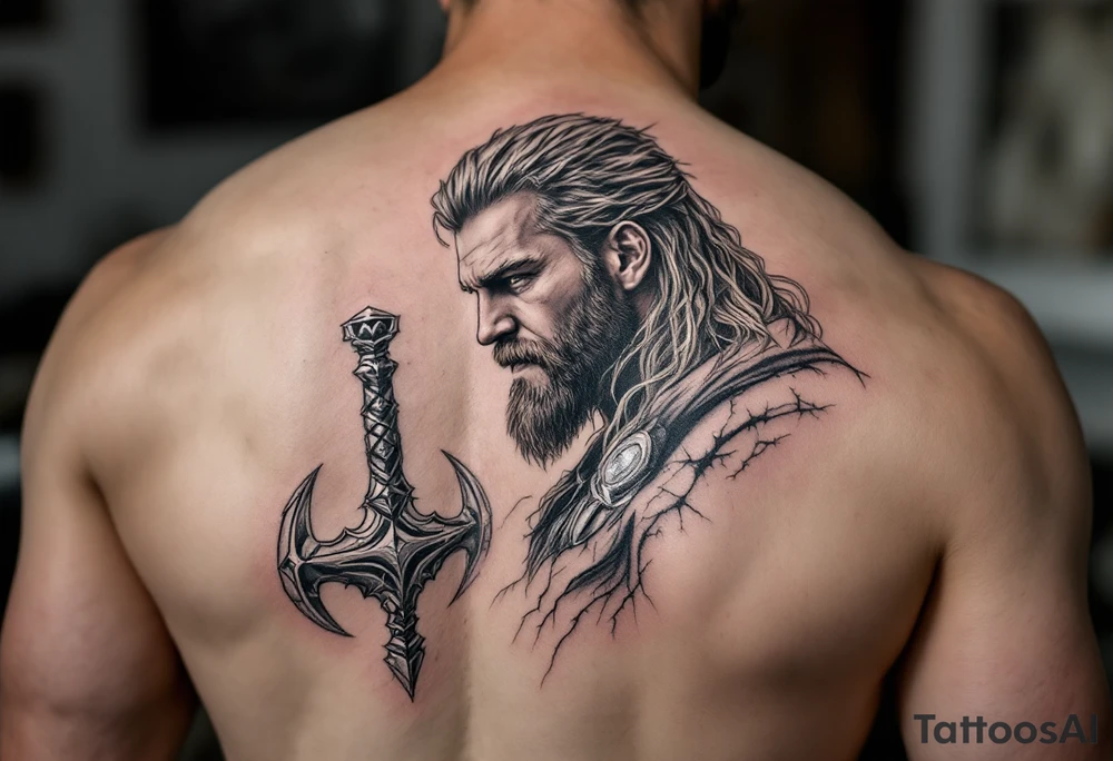 A side profile of Thor with a cracked Mjölnir beside him, symbolizing his journey of loss and growth, in black and grey realism with silver detailing. tattoo idea