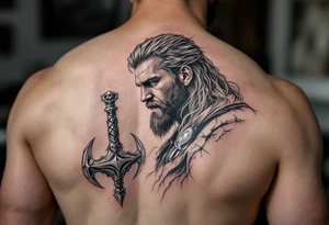 A side profile of Thor with a cracked Mjölnir beside him, symbolizing his journey of loss and growth, in black and grey realism with silver detailing. tattoo idea