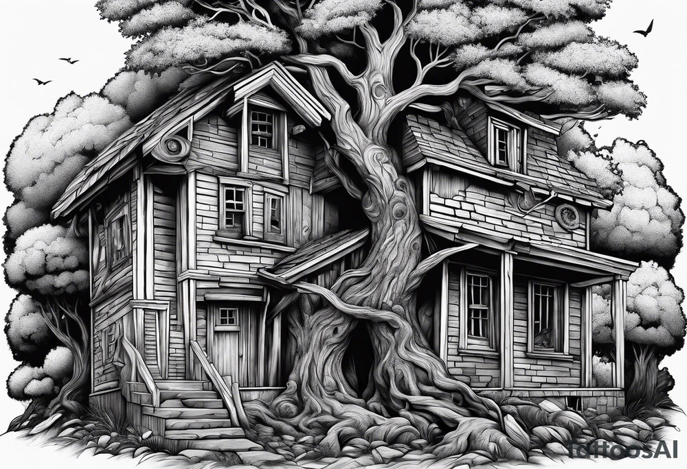 the tree of life growing out of a broken house with baby jesus laying at its doorstep tattoo idea