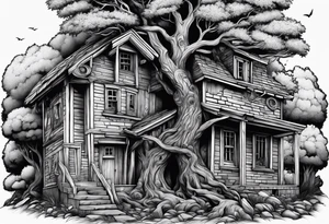 the tree of life growing out of a broken house with baby jesus laying at its doorstep tattoo idea