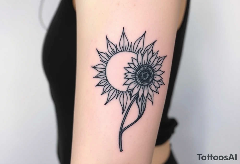 Shining Mystical sun with long  leaning sunflower sun tattoo idea