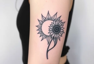 Shining Mystical sun with long  leaning sunflower sun tattoo idea
