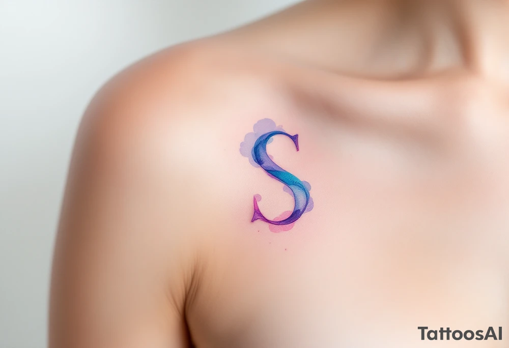 A soft watercolor "S" blending shades of pink, blue, and purple with a dreamy effect. tattoo idea