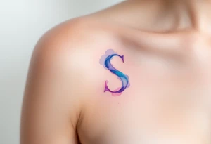 A soft watercolor "S" blending shades of pink, blue, and purple with a dreamy effect. tattoo idea