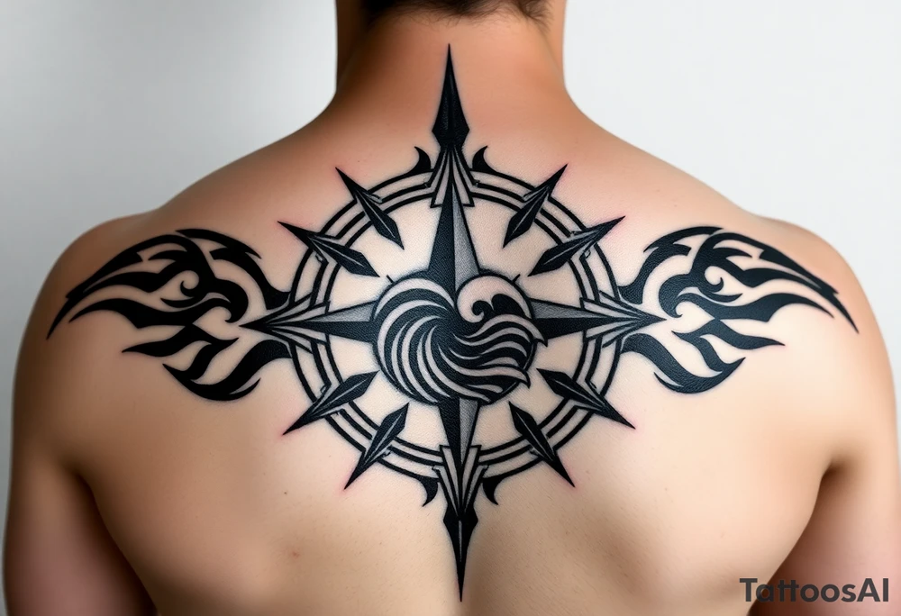 A sharp edged rip curl wave inside of a compass rose tattoo idea