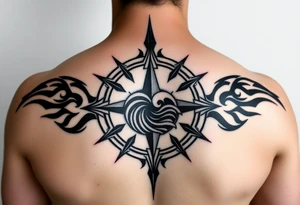 A sharp edged rip curl wave inside of a compass rose tattoo idea