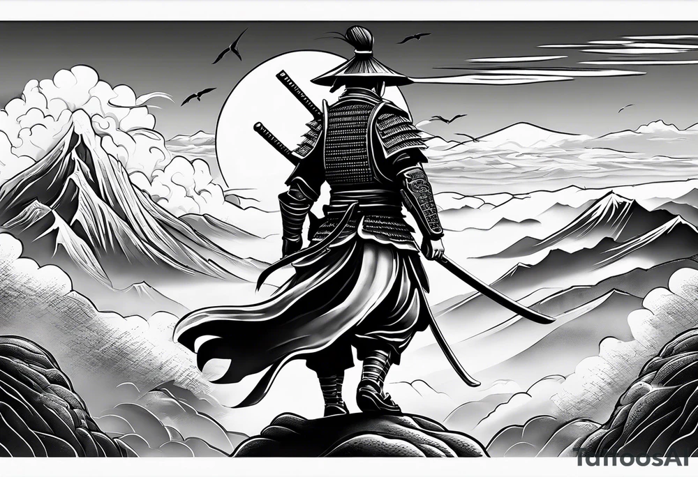 samurai flies among the clouds. beneath it is the ocean and mountains. next to him is war and love tattoo idea