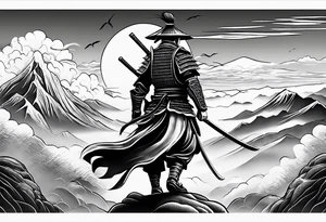 samurai flies among the clouds. beneath it is the ocean and mountains. next to him is war and love tattoo idea