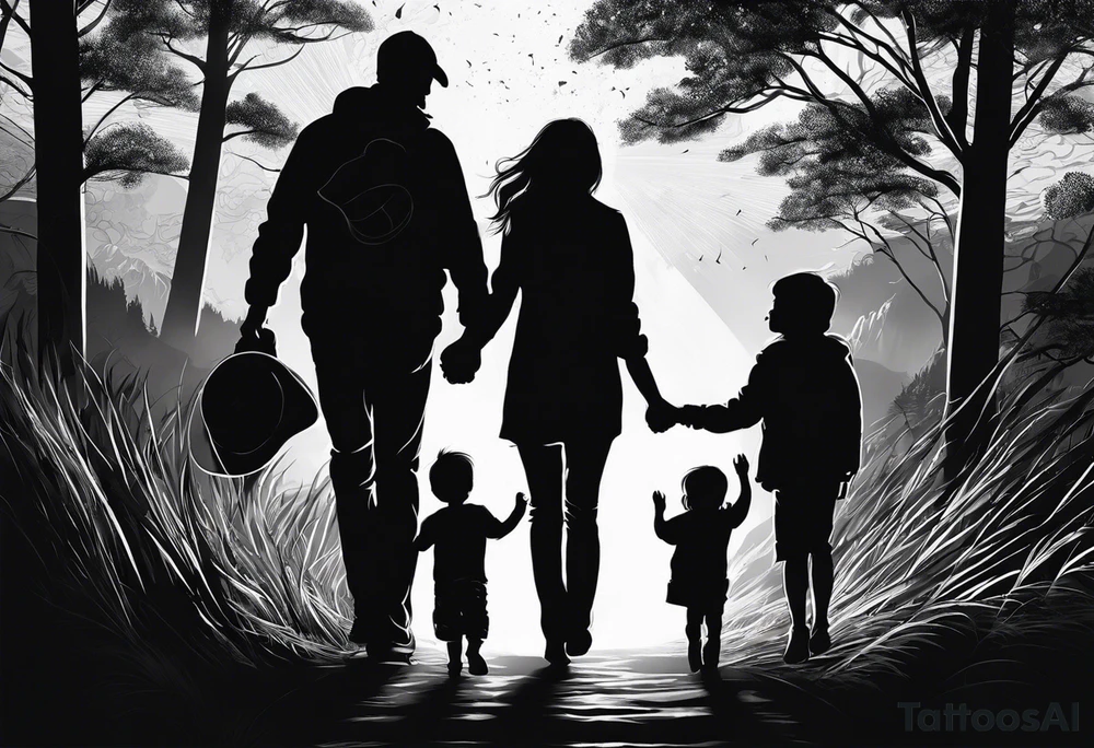 sleeve tattoo sun rays with road and dad, daughter and son silhouette tattoo idea