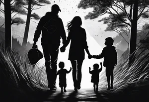 sleeve tattoo sun rays with road and dad, daughter and son silhouette tattoo idea
