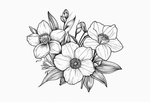 Dainty mini fine line 
Bouquet Held together with a bow:
DAFFODIL
JONQUIL
ASTER
MORNING GLORY tattoo idea