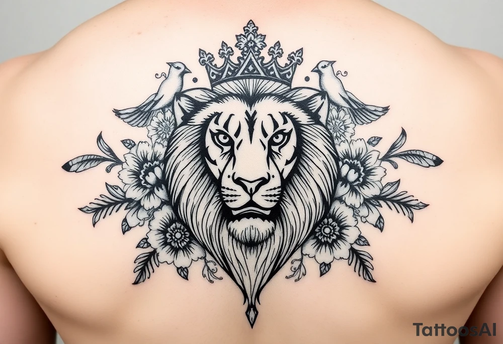 powerful majestic lion with a crown, surrounded by floral ornaments and birds tattoo idea