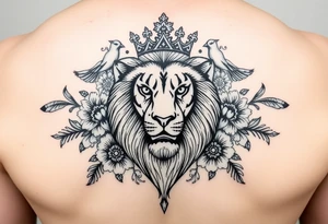 powerful majestic lion with a crown, surrounded by floral ornaments and birds tattoo idea