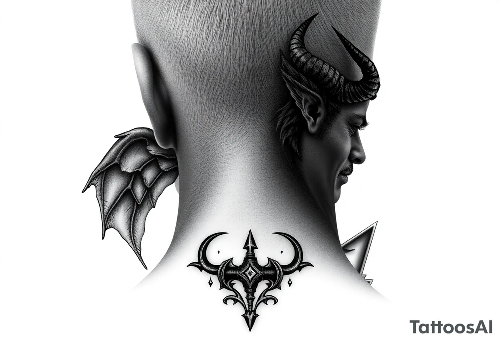position behind the neck Angel (on the right) whispering in the right ear, demon (on the left) whispering in the left ear. It must be as realistic as possible. tattoo idea