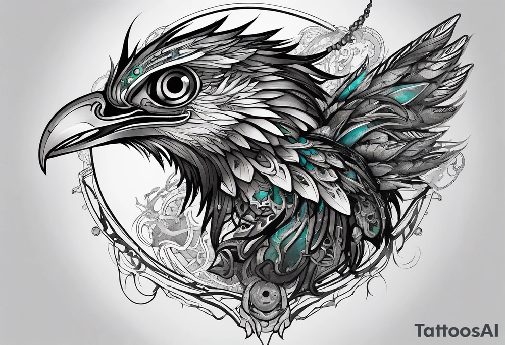 Cyberpunk Quetzal that has cybernetic neurons coming from the bottom. tattoo idea