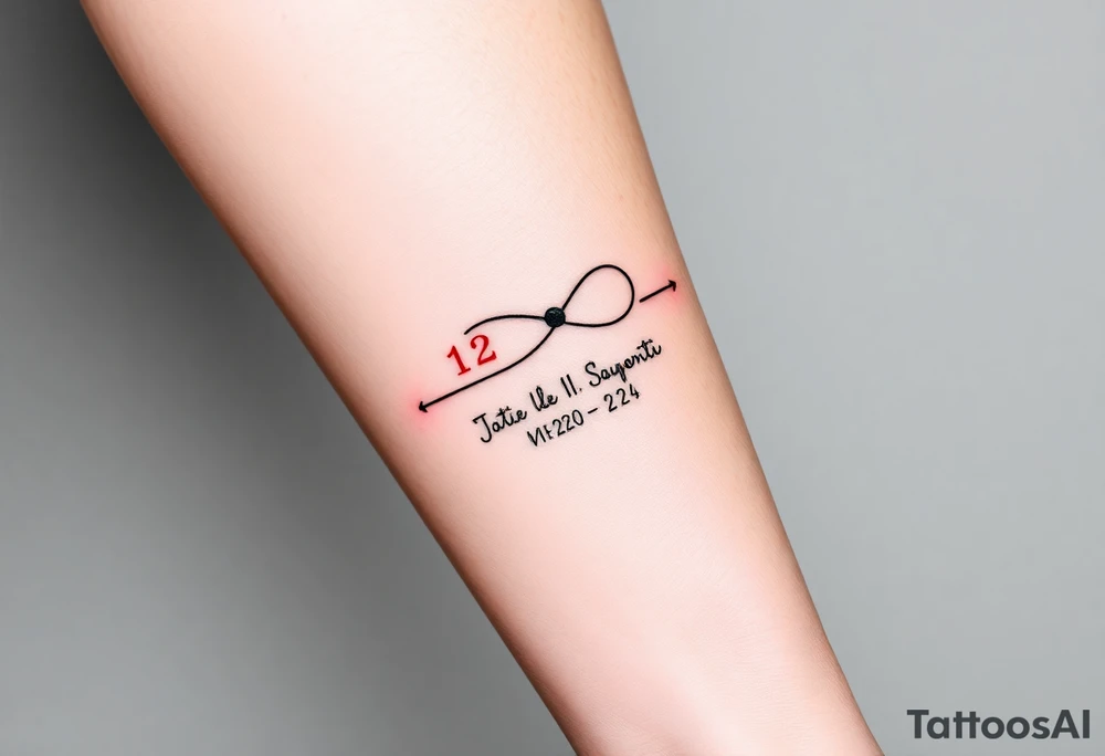 “Quero uma tatuagem no antebraço, simples e pequena. Deve ter a data de nascimento do meu avô escrita em vermelho, seguida de um traço reto e, à frente, o símbolo de infinito em preto. O design deve ser minimalista, com letras elegantes e proporcionais, mantendo um aspeto discreto.” tattoo idea