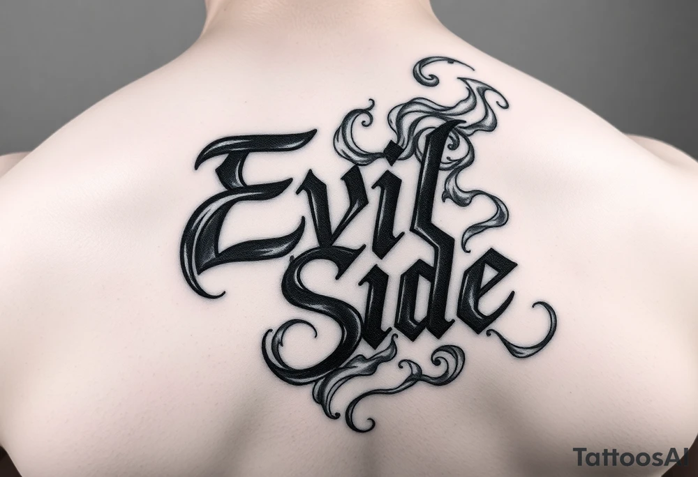 powerful bold cover up saying Evil Side black and white with shading and smokearound it tattoo idea