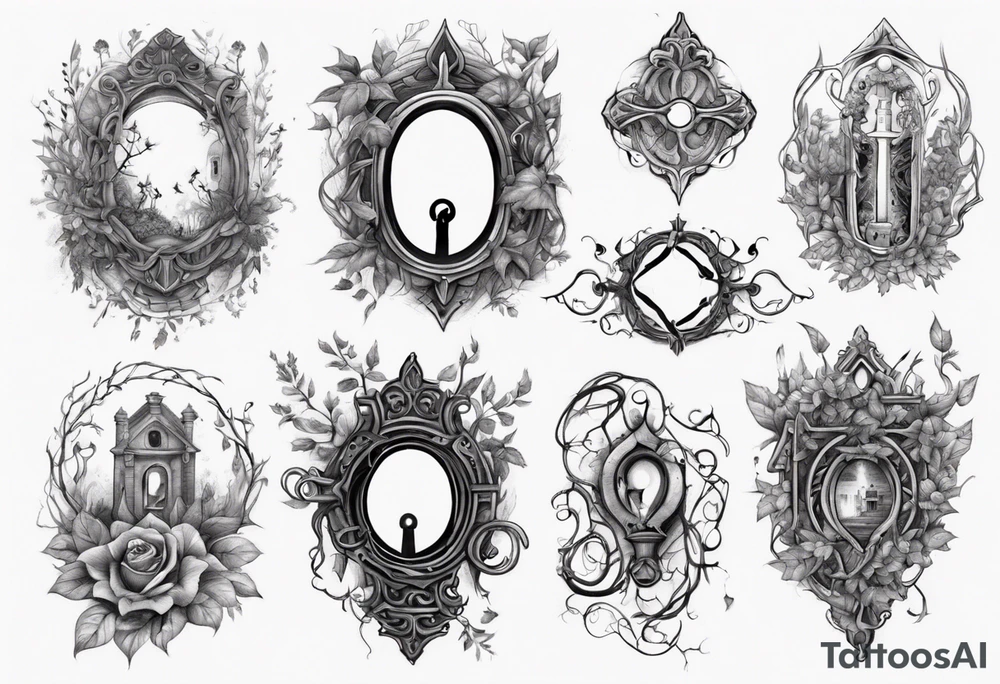 an intricate keyhole surrounded by elements like vines, and Inside the keyhole, incorporate personal symbols or imagery that hold significance to the individual. tattoo idea