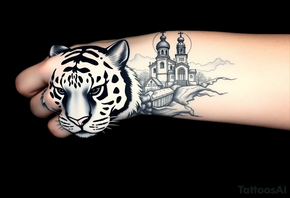 in a dorsal view of the hand and forearm a tiger face on the hand with black hollowed eyes, then above this a orthodox church shrouded with a mist and fading into a virgin mary overlooking tattoo idea