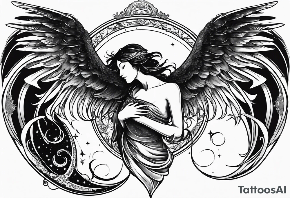 I want sleeve on my right arm depicting four sections, one celestial style with a friend drifting through the cosmos as an angel. One of a band hugging each other standing, one of love lost and found, and a phoenix atop all of it on my shoulder tattoo idea