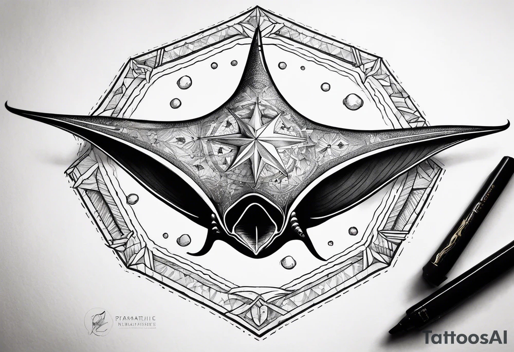 Simple manta ray with a nautical star inside and an octagon around tattoo idea