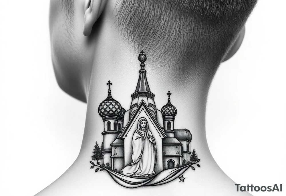 Flowing Scene

A onion domes orthodox church
Virgin Mary in prayer pose wrapping around the lower neck curve
A small double headed russian coat of arms eagle or just the star tucked above the dome near the hairline tattoo idea