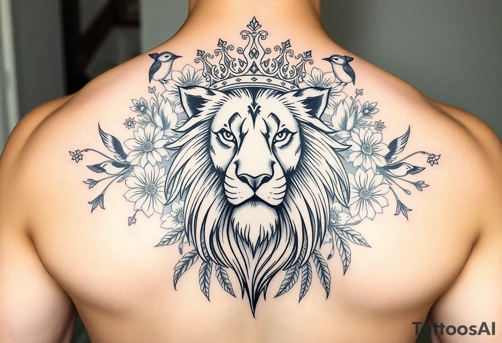 powerful majestic lion with a crown, surrounded by floral ornaments and birds tattoo idea