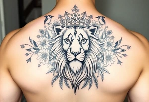powerful majestic lion with a crown, surrounded by floral ornaments and birds tattoo idea