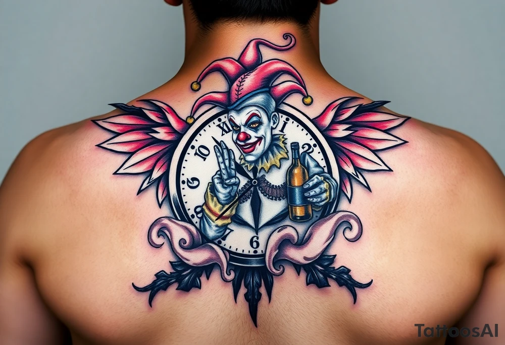 a jester clown floating in smoke with a  clock, the time says 420,  with two open wings besides the clock, smoke as the spring rising from the clock, a jester clown coming out the smoke, smoking in one hand with a liquor bottle on the other hand tattoo idea