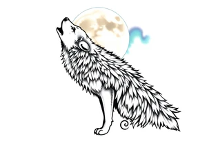 lone wolf howling at full moon with northern lights backdrop tattoo idea