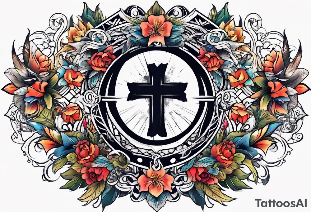 dreamville tattoo with a cross and a nice background tattoo idea