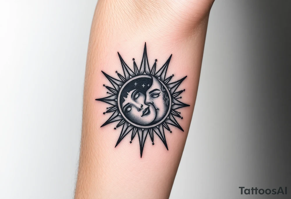 celestial sun and moon embrace with constellation patterns tattoo idea