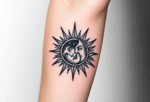 celestial sun and moon embrace with constellation patterns tattoo idea