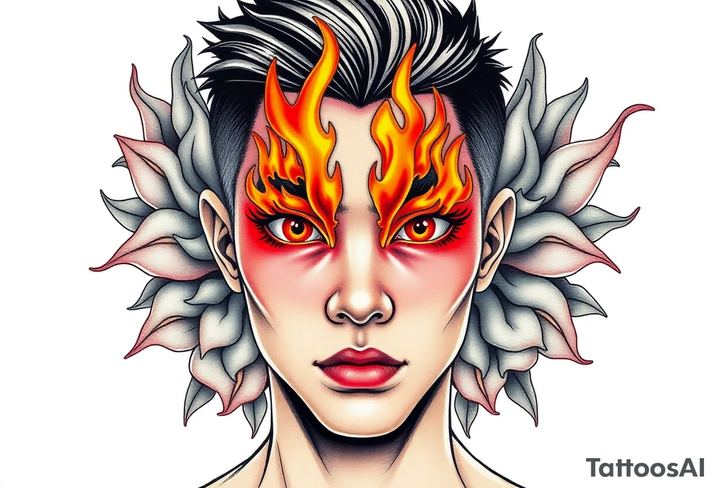 Handsome Asian young guy with a flame eyes tattoo idea