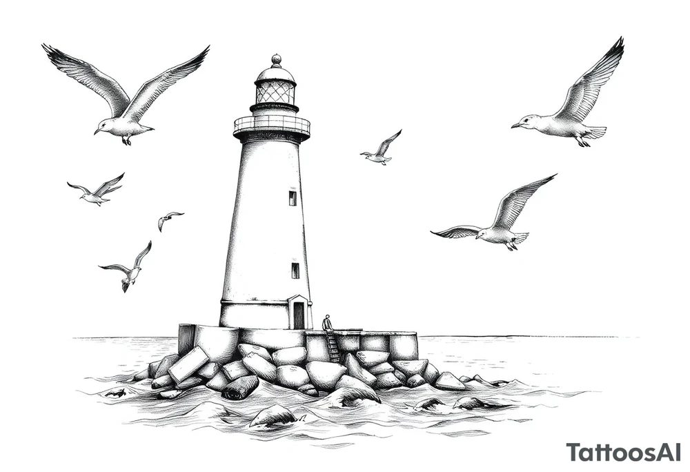 Lighthouse in the sea with jetty around flying seagulls tattoo idea