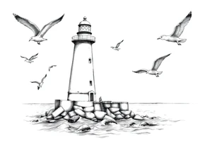 Lighthouse in the sea with jetty around flying seagulls tattoo idea