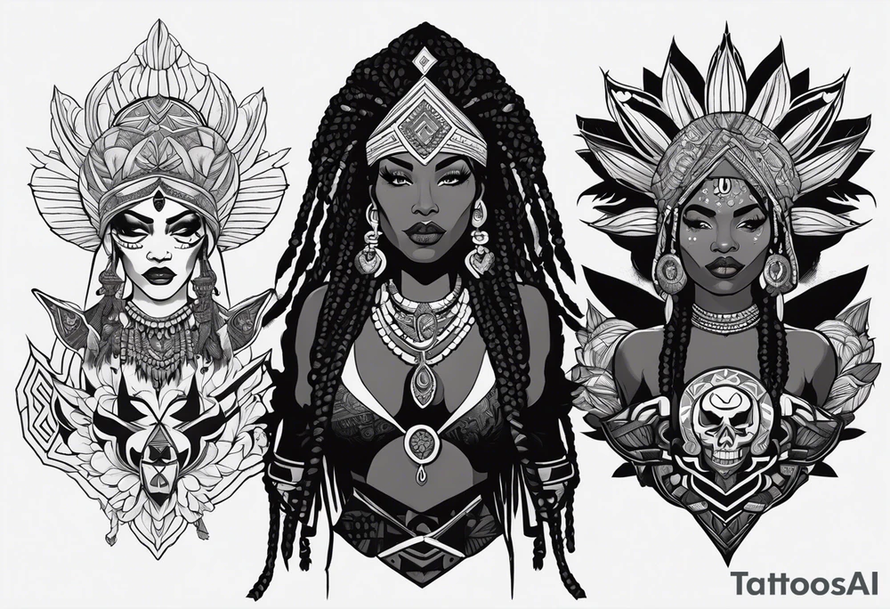 valkrye, kali, pirate, african goddess, , warrior, native american, lotus, zenza resonance, skulls, pachamama, left side face, chest, right wing, tattoo idea