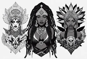 valkrye, kali, pirate, african goddess, , warrior, native american, lotus, zenza resonance, skulls, pachamama, left side face, chest, right wing, tattoo idea