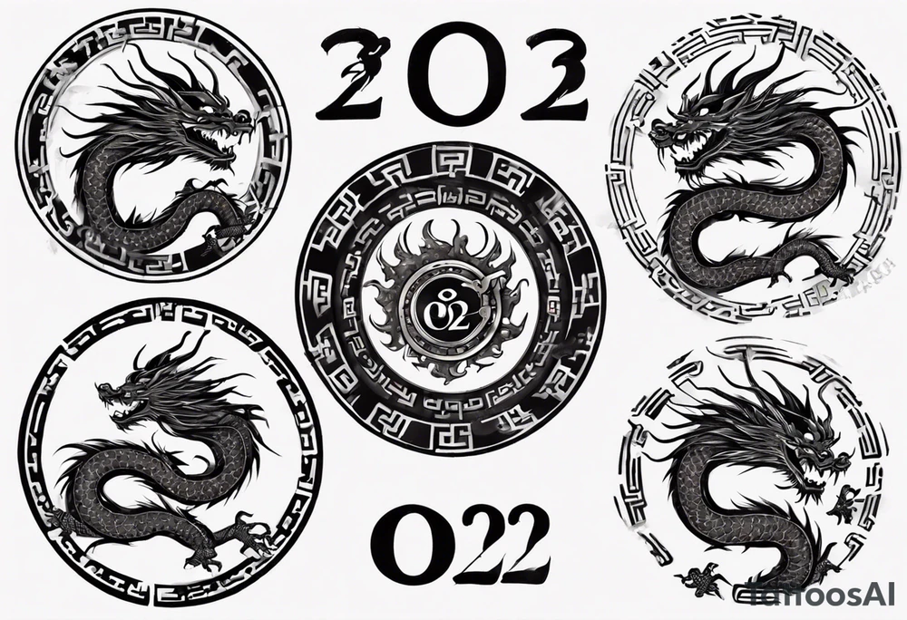 Chinese dragon in a circular shape with "02.03" written on its skin tattoo idea