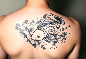 traditional koi fish swimming upstream through turbulent waves tattoo idea