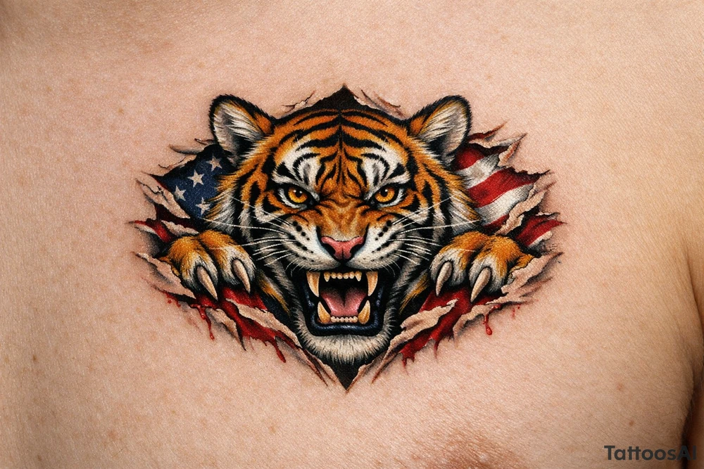 Tiger ripping throught the chest with the American Flag in the background. Almost like the Amercian Flag is the blood of the body. Make it bigger and add color. The tiger should be more front. So the ears are out from the body. Bigger. This is on the chest. Not the back. tattoo idea